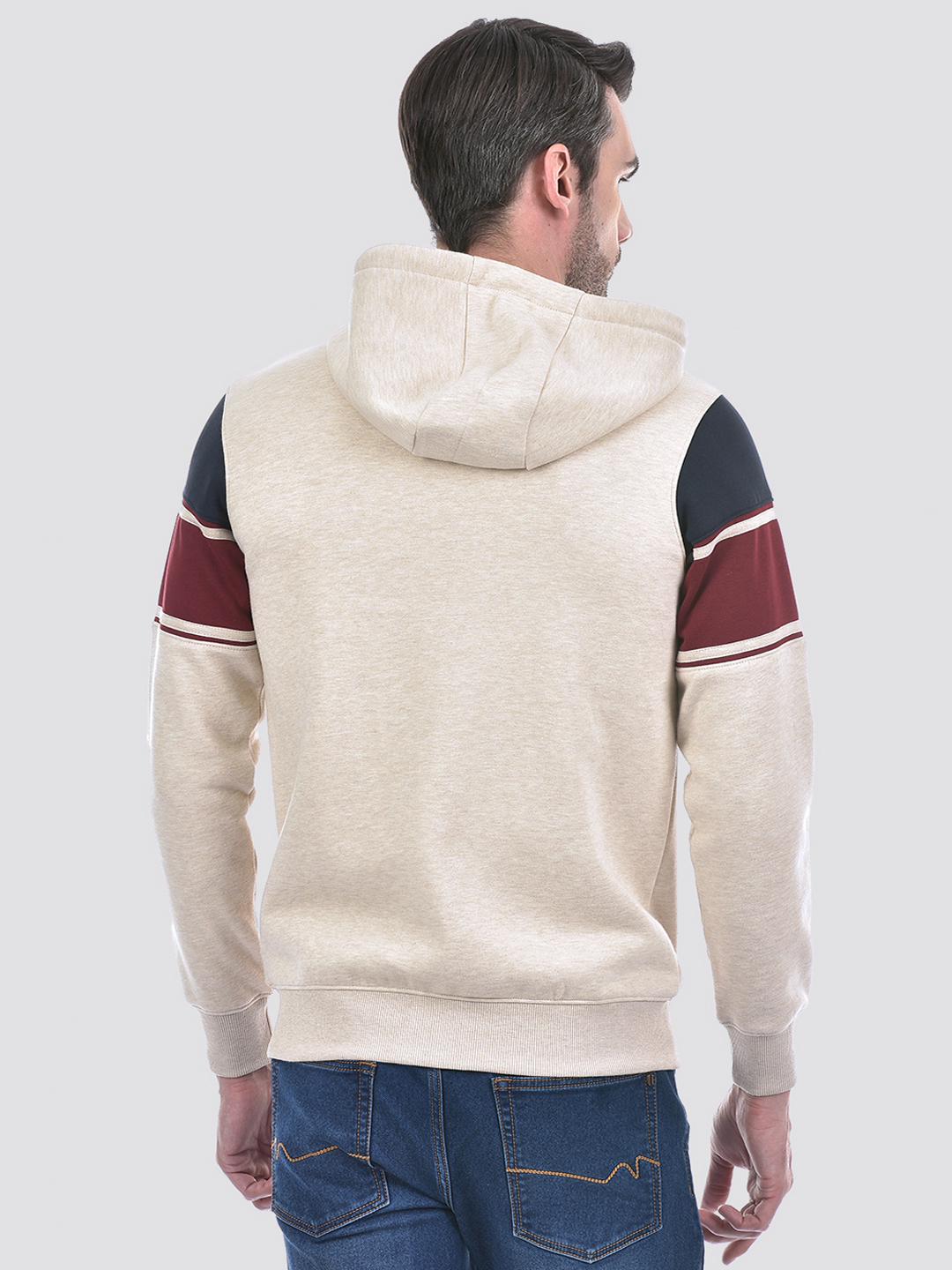 Numero Uno Men Cream Color Block Hooded Neck Brushed Fleece Sweatshirt